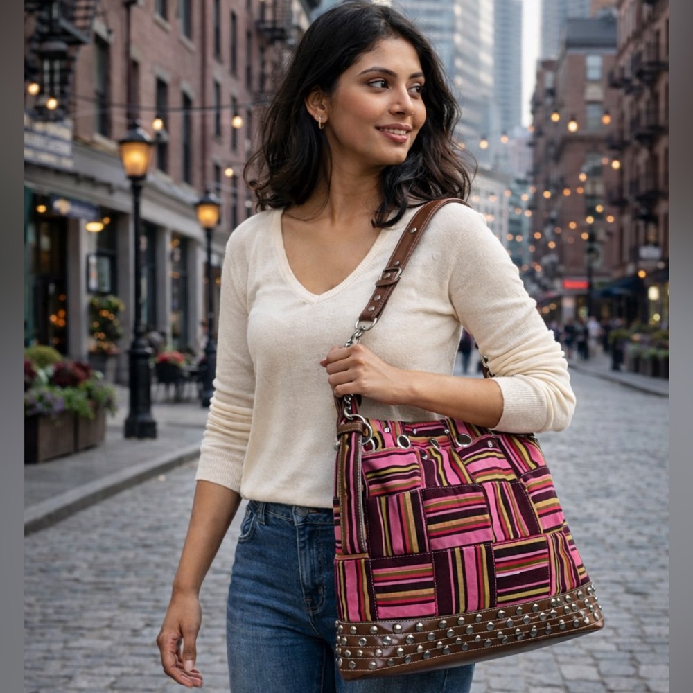 Pink Striped Vegan Leather Studded Bag Rhinestone Glam |Statement Purse Like New - Picture 3 of 17